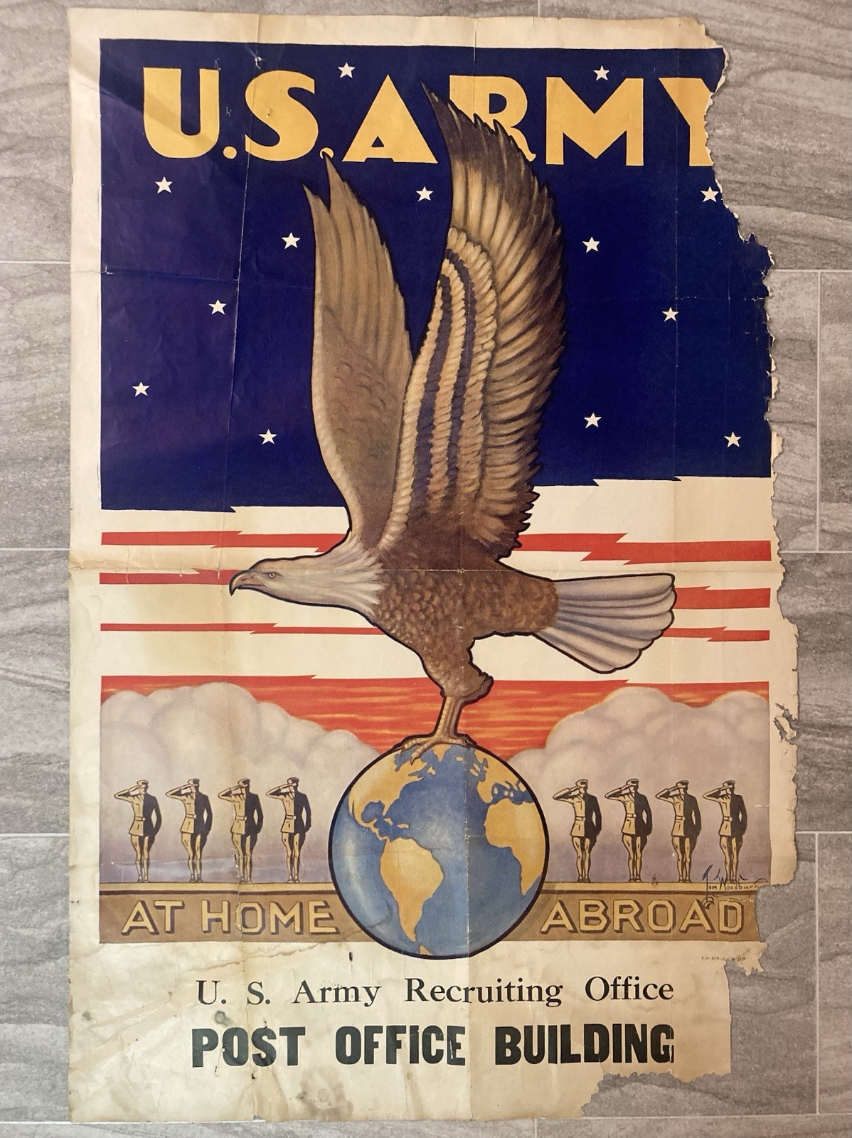 ORIGINAL WW2 UNITED STATES ARMY POSTER AT HOME ABROAD TOM WOODBURN 38”x28 #1