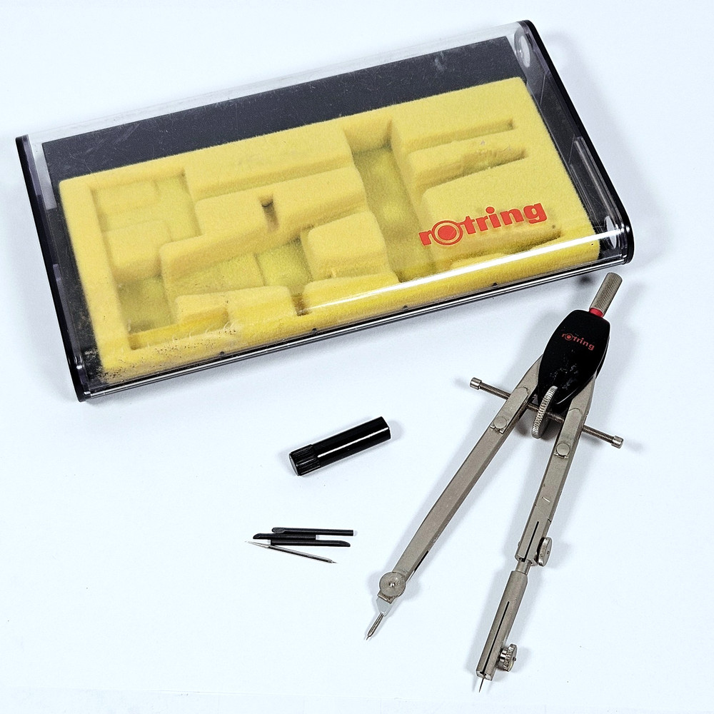 Rotring Technical Drawing Compass Set With Case Spare Leads Used Good