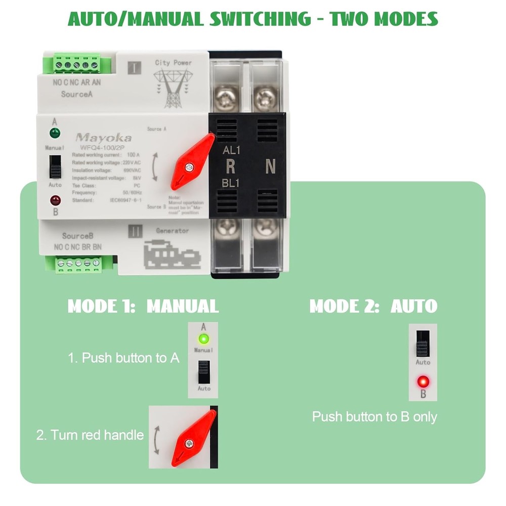 100A Automatic Transfer Switch for Home Generator - AC 220V 2 Pole ATS with CB,