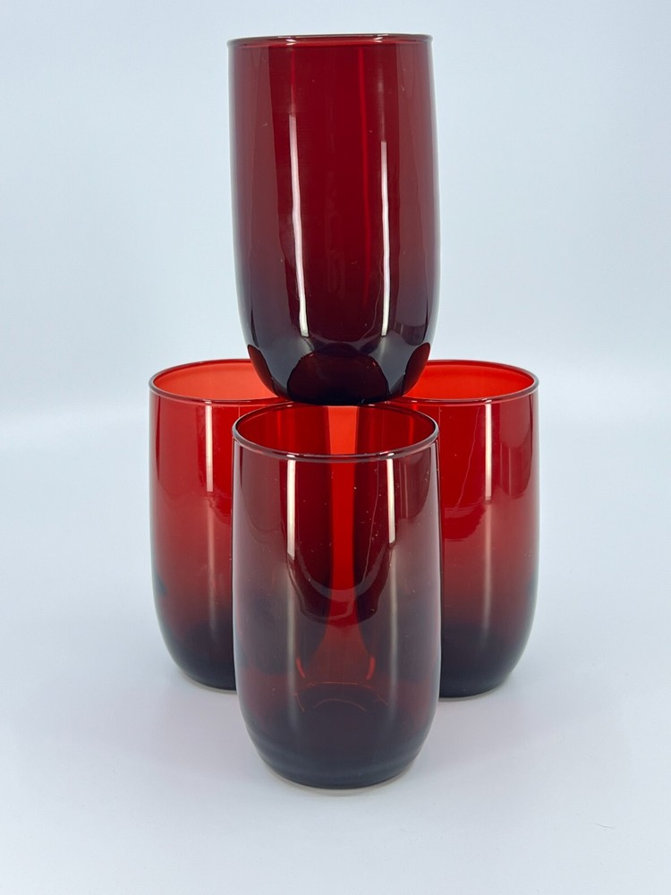 4 Vintage Anchor Hocking Ruby Red Drinking Glasses 1950 Roly Poly glasses 4"