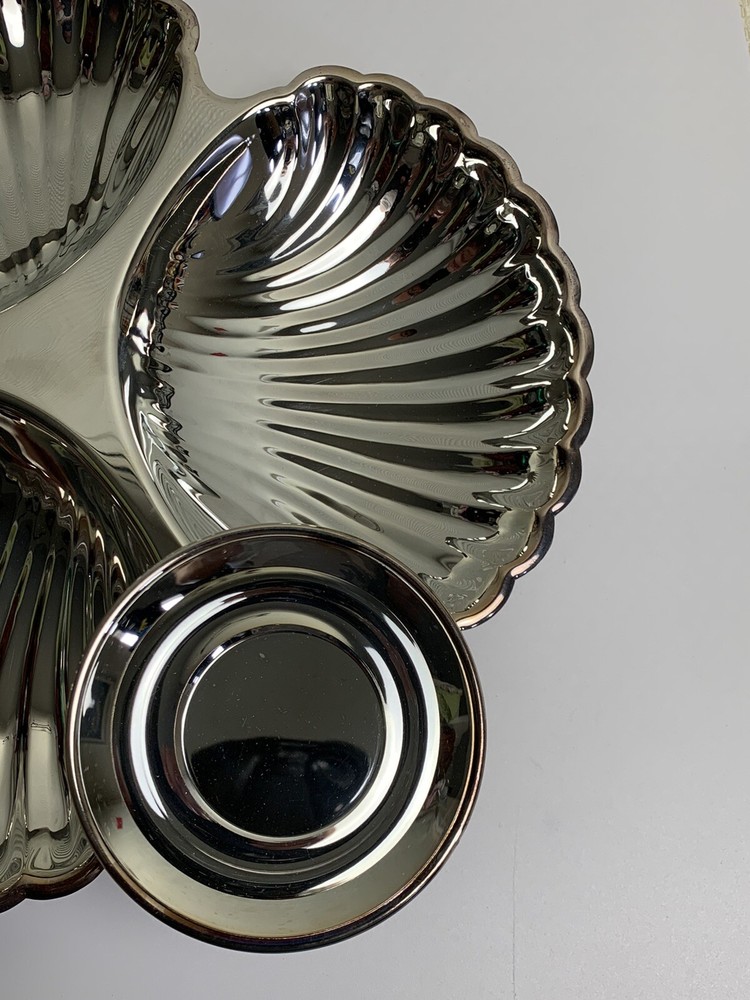 Vtg Seashell Silver Serving Tray Dip Cup Birks Regency Plate Shell Fish Formal