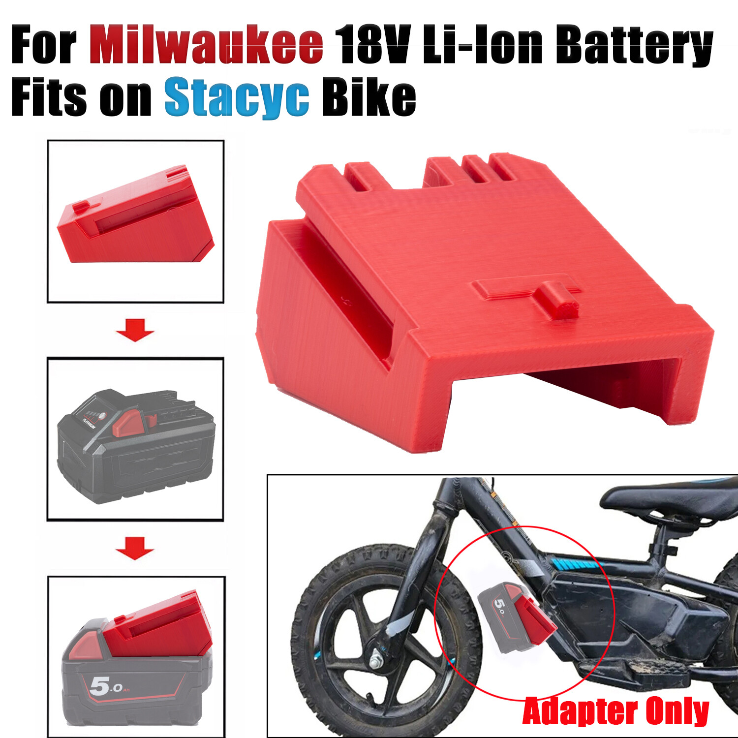 Adapter For Milwaukee 18V Li-Ion Battery To Fits On 12" 16" Stacyc Bikes