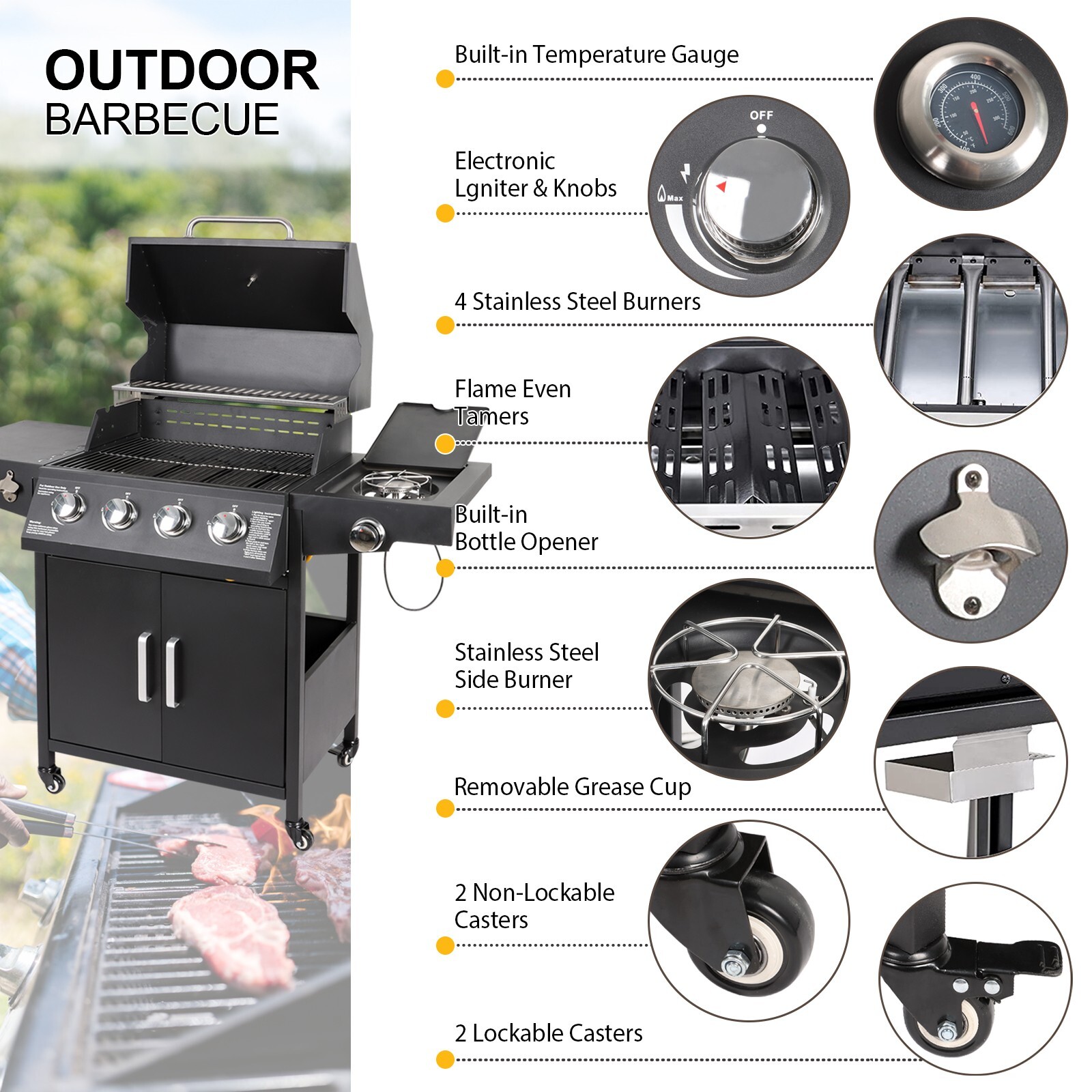 Propane Gas Grill 4 Burners a Side Burner Steel Grill Cart Outdoor Cooking BBQ