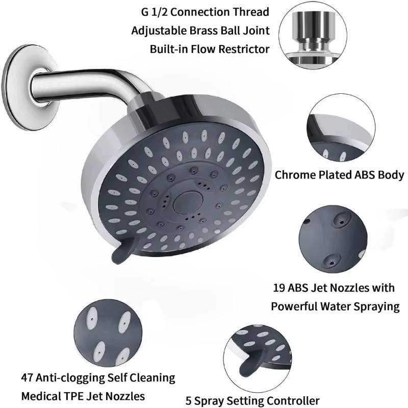 5-Mode High Pressure Shower Head 4" Adjustable Fixed Rainfall Sprayer Chrome