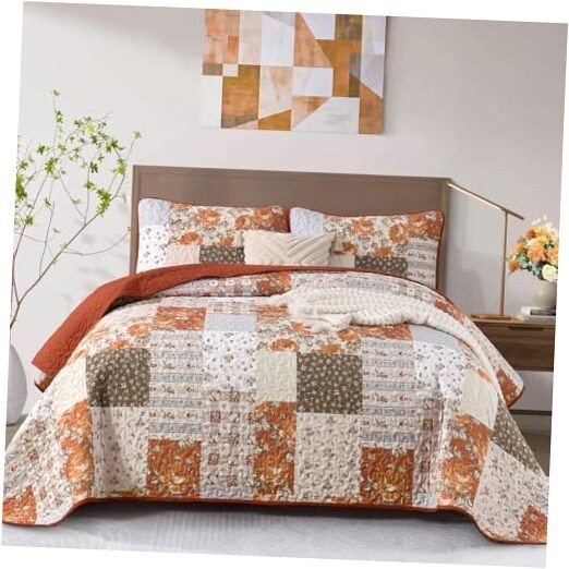 Patchwork Quilts Set Size 3 Pieces Terracotta Plaid Bedspread King Brown
