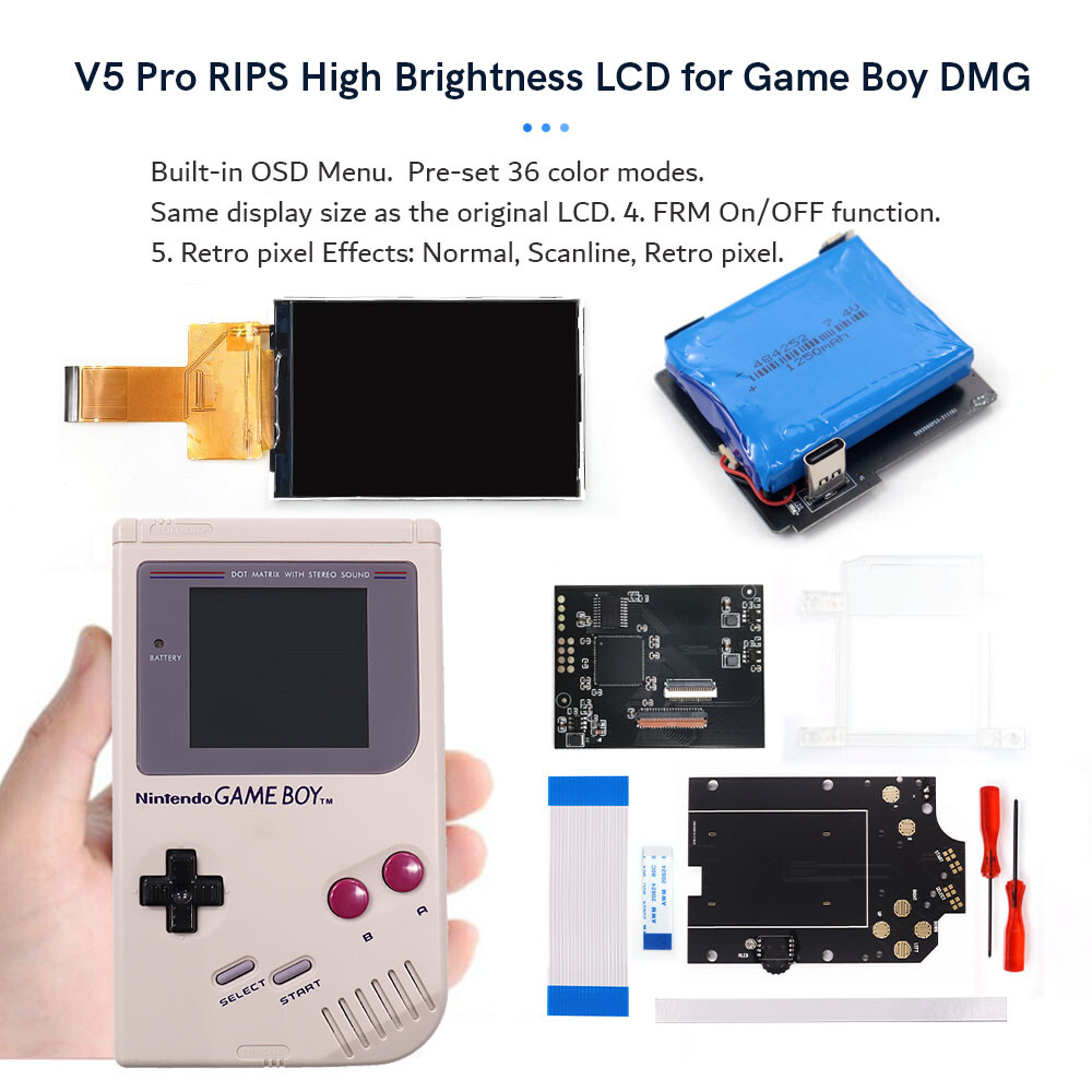 OSD Menu V5 Pro Full Size RIPS Backlight LCD+Pre-cut Shells W/Battery For GB DMG