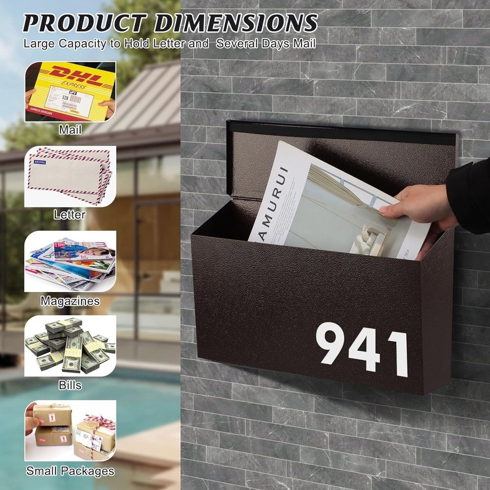 Elegant Wall-Mount Mailbox in Bronze, Durable Rust-Proof Galvanized Steel