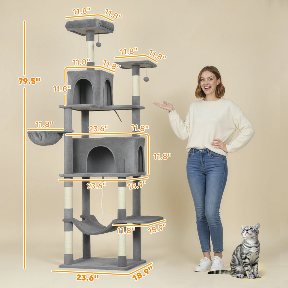 Multi-Level Cat Tree with 2 Condos, 80" Tall Cat Tower for Indoor