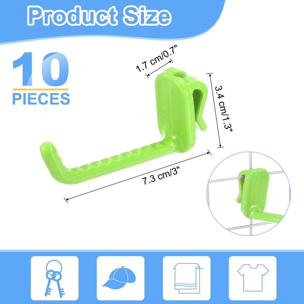 10 Pcs Gridwall Hooks, 3 Inch Grid Wall Plastic Hanger, Green