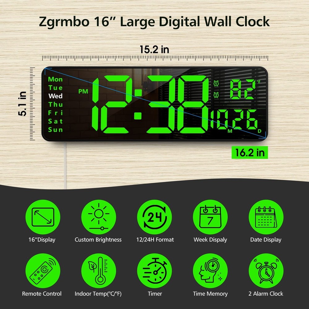 Zgrmbo 16-inch Digital Wall Clock with Remote Control, Large Display Digital ...
