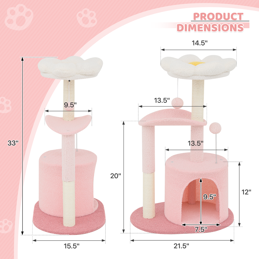 33" Cat Tree Tower Multi Level Scratching Post Pink Flower Activity Center Toys