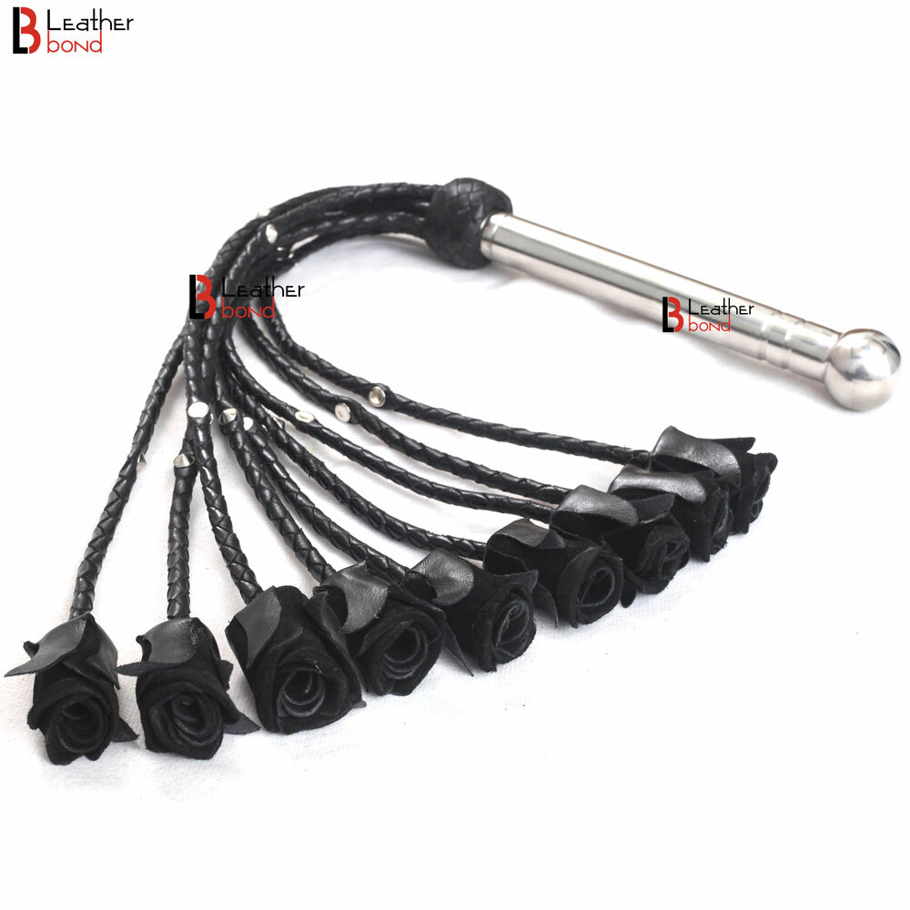 Rose Flogger Cowhide Leather 9 Braided Falls Heavy Black Roses & Steel Handle