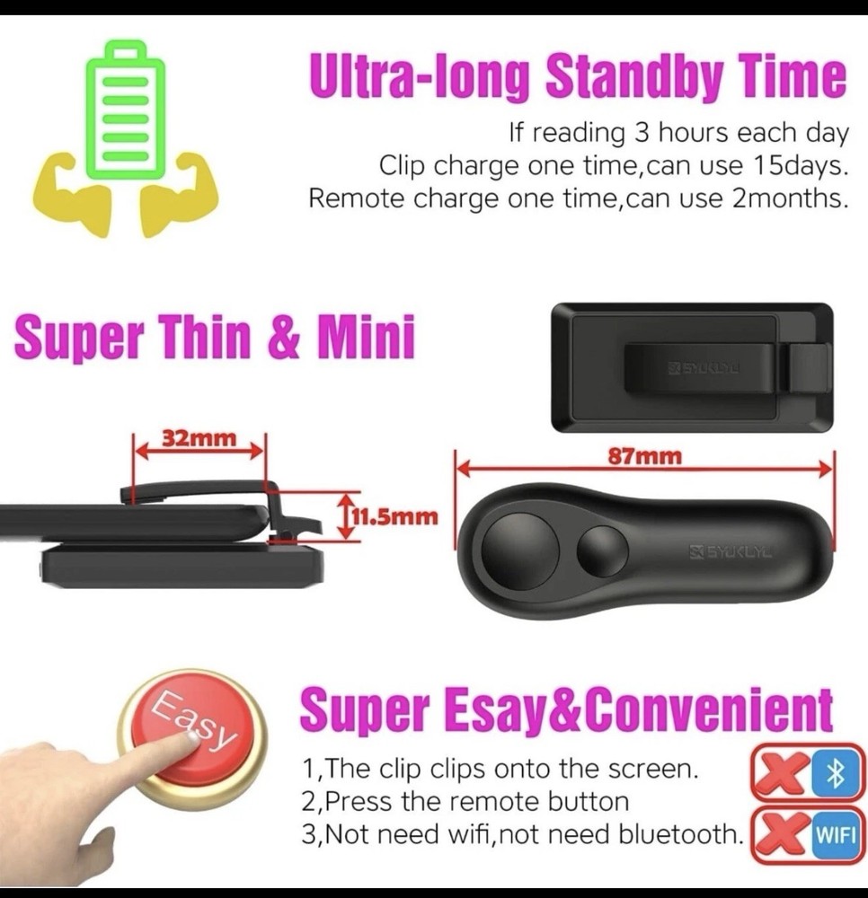 Syukuyu RF Remote Control Page Turner for Kindle / iPhone / iPad / Android