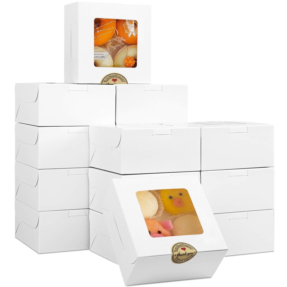 25 PCS Cake Boxes Window 6x6x3 Inch Square White Bakery Carrier Container