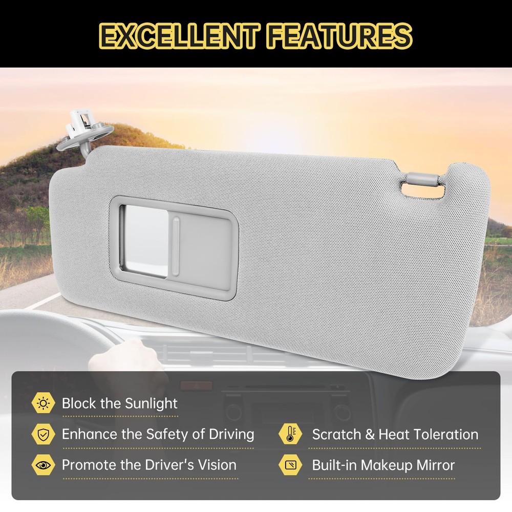 Left Driver Side Sun Visor with Vanity Light Compatible Side, Grey