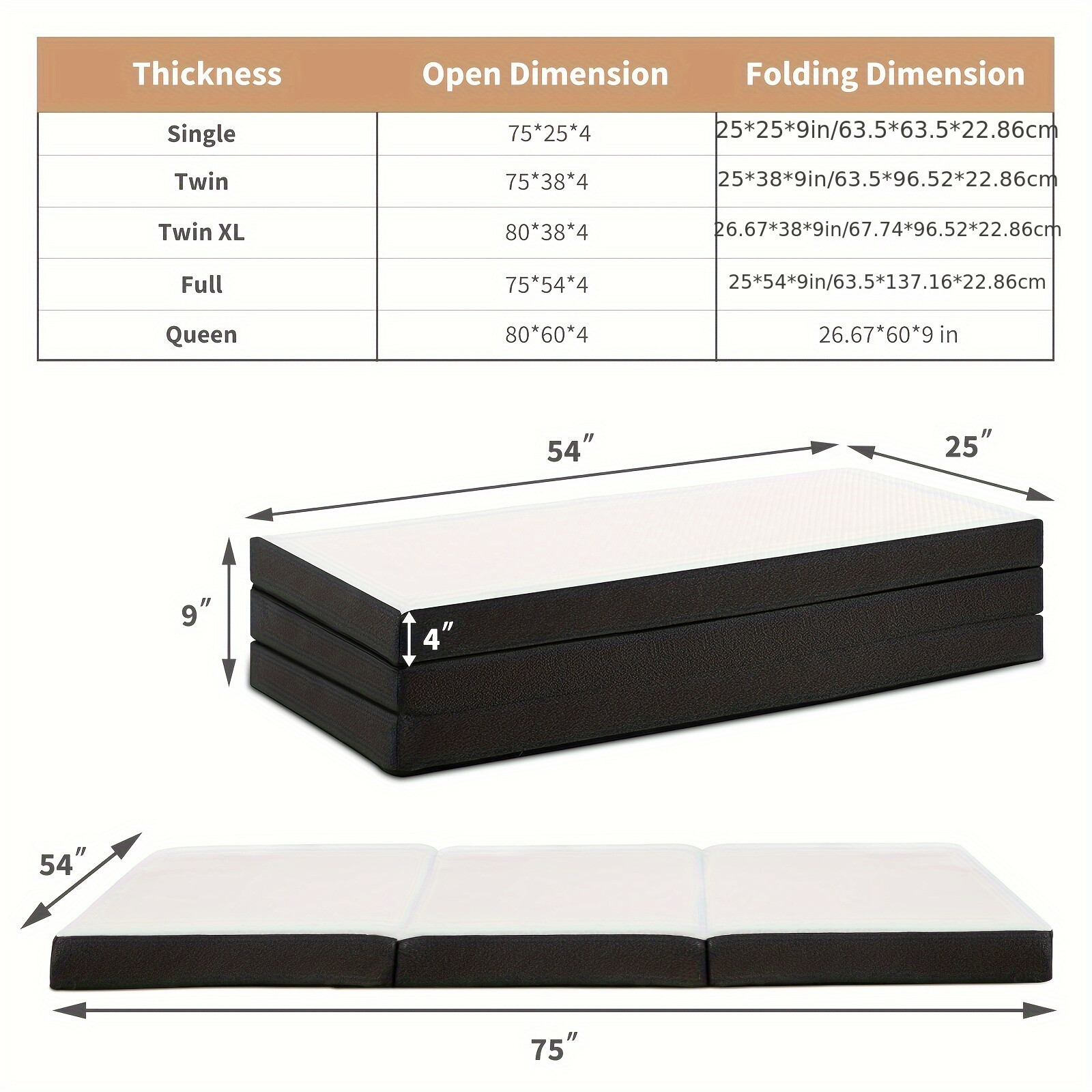 4-Inch Tri-Fold Memory Foam Folding Mattress Topper Portable for Camping, Guest