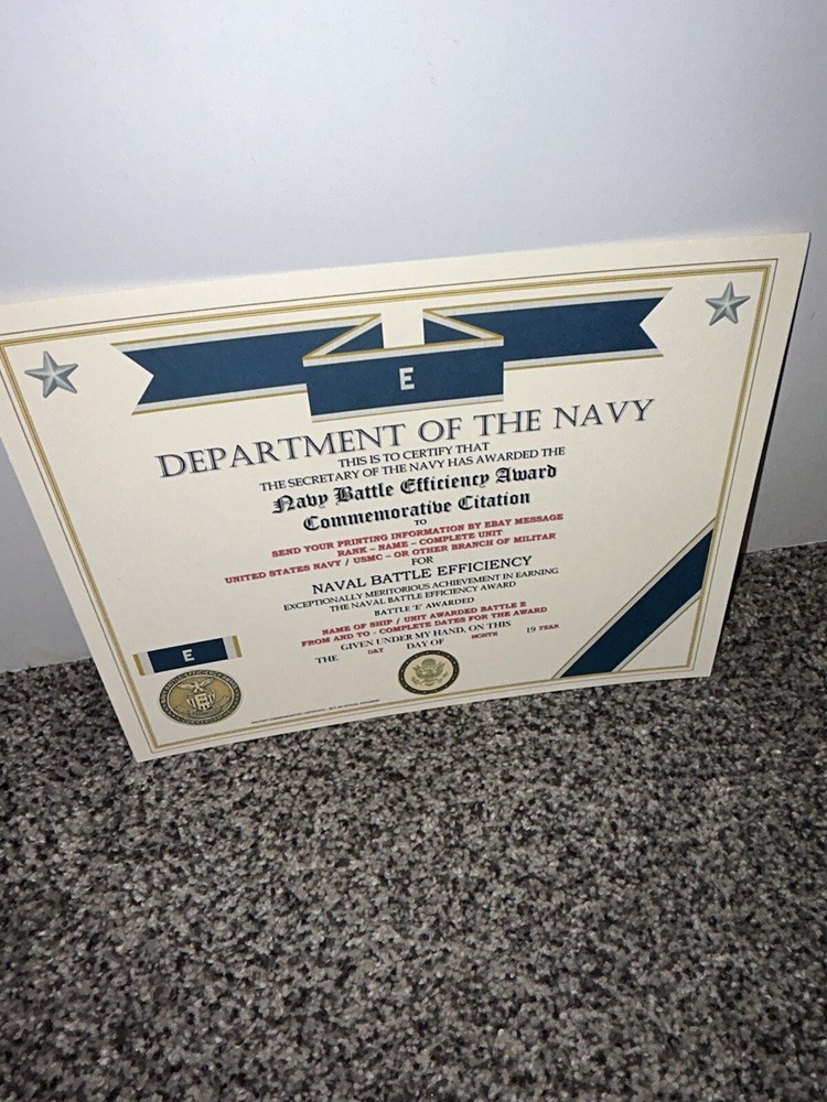 NAVY BATTLE EFFICIENCY AWARD COMMEMORATIVE CERTIFICATE ~ TYPE-2 / W/PRINTING