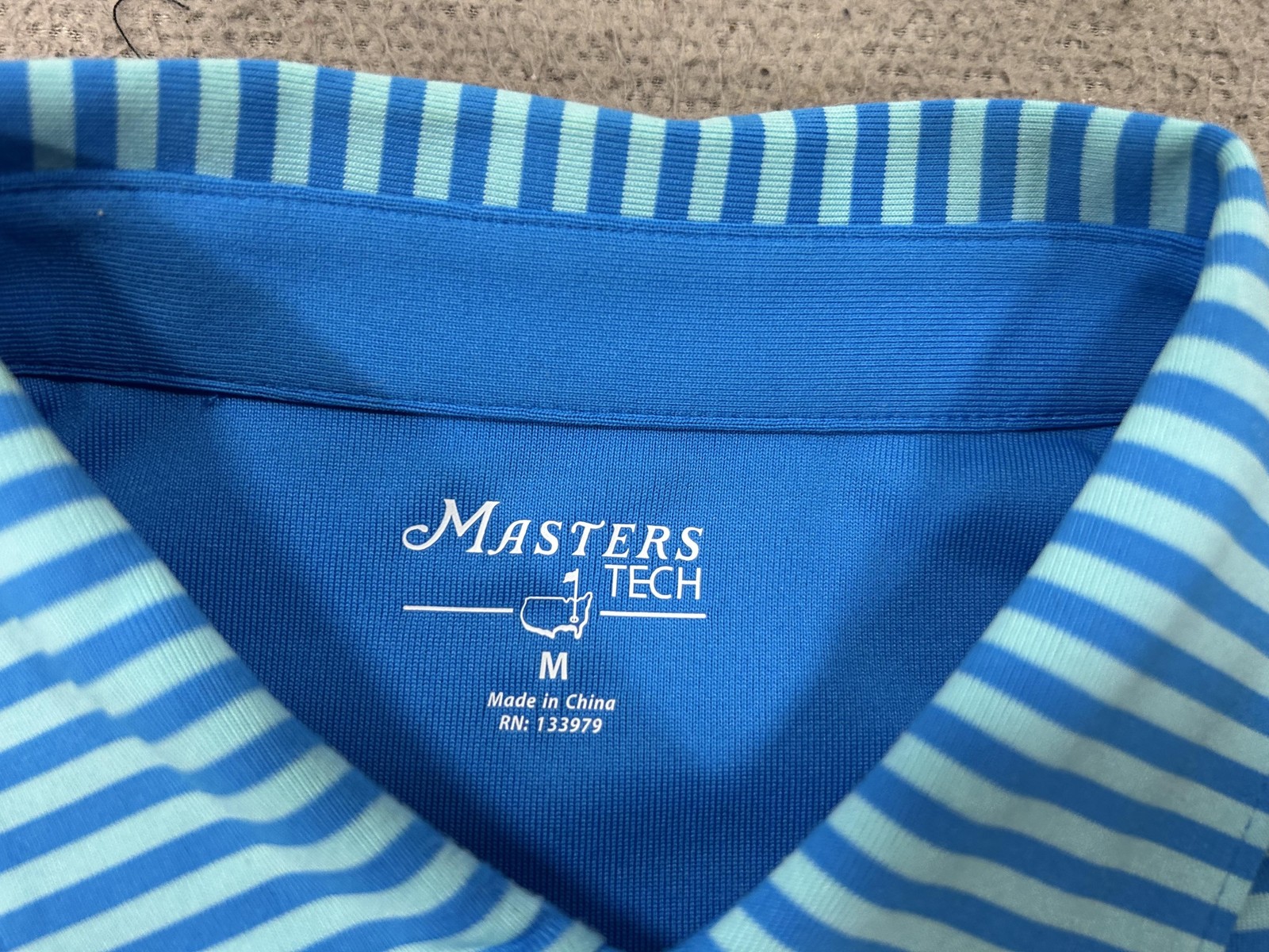 Masters Tech Shirt Polo Mens Medium Blue Stripe Golf Augusta National Logo
