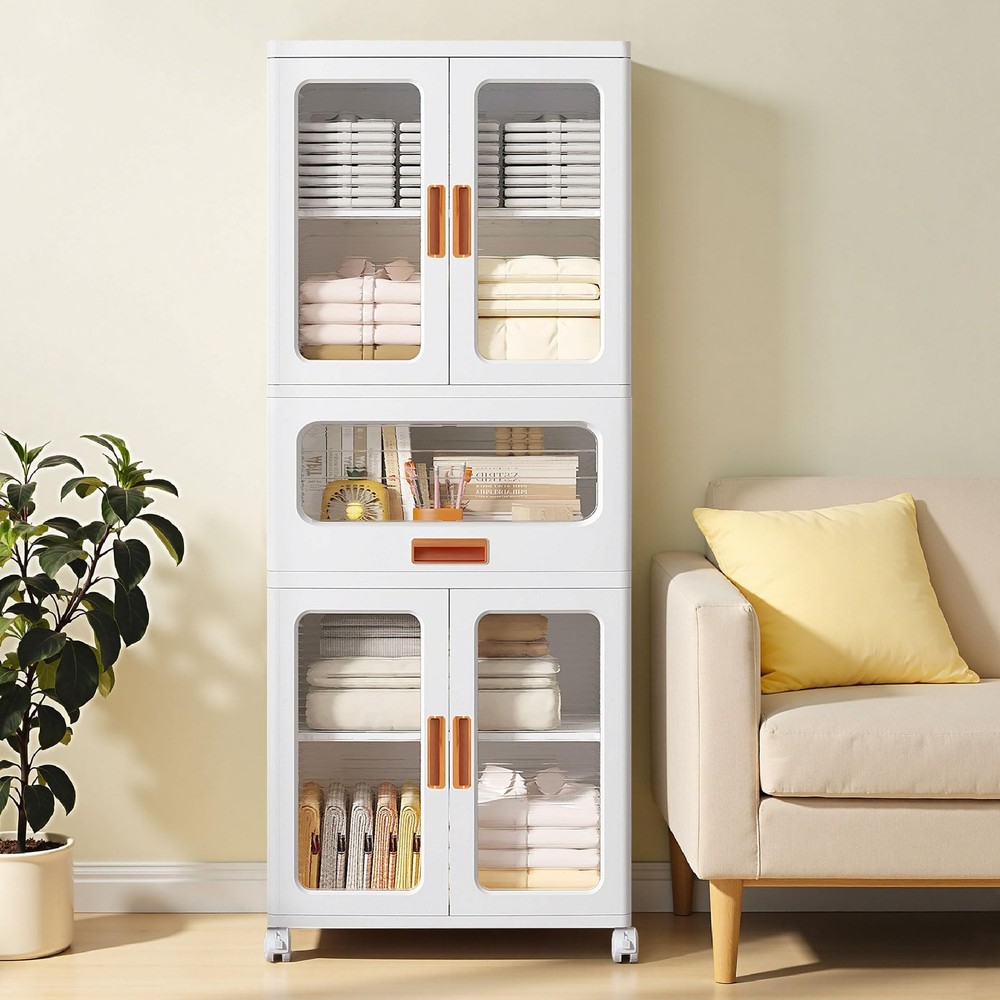 226QT Stackable Storage Bins with Lids, Large Storage Cabinet with Drawer and...