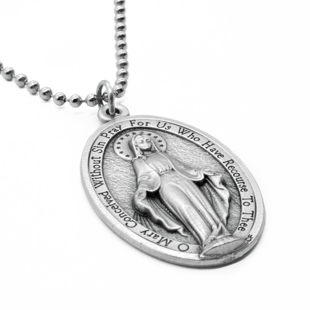 Extra Large 1-3/4" Miraculous Medal Virgin Mary Pendant Necklace Italy 24" Chain