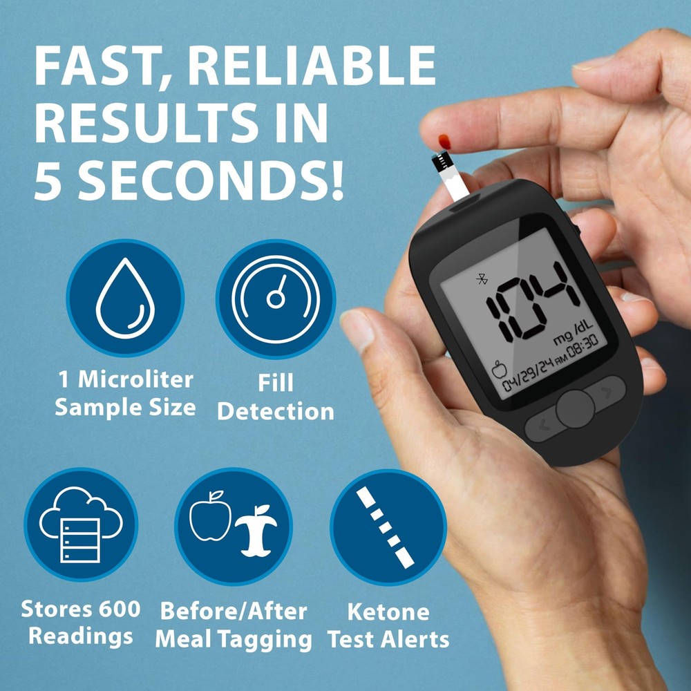 Blood Glucose Meter Bundle - Bluetooth Compatible, 100 Test Strips, 100 Lancets