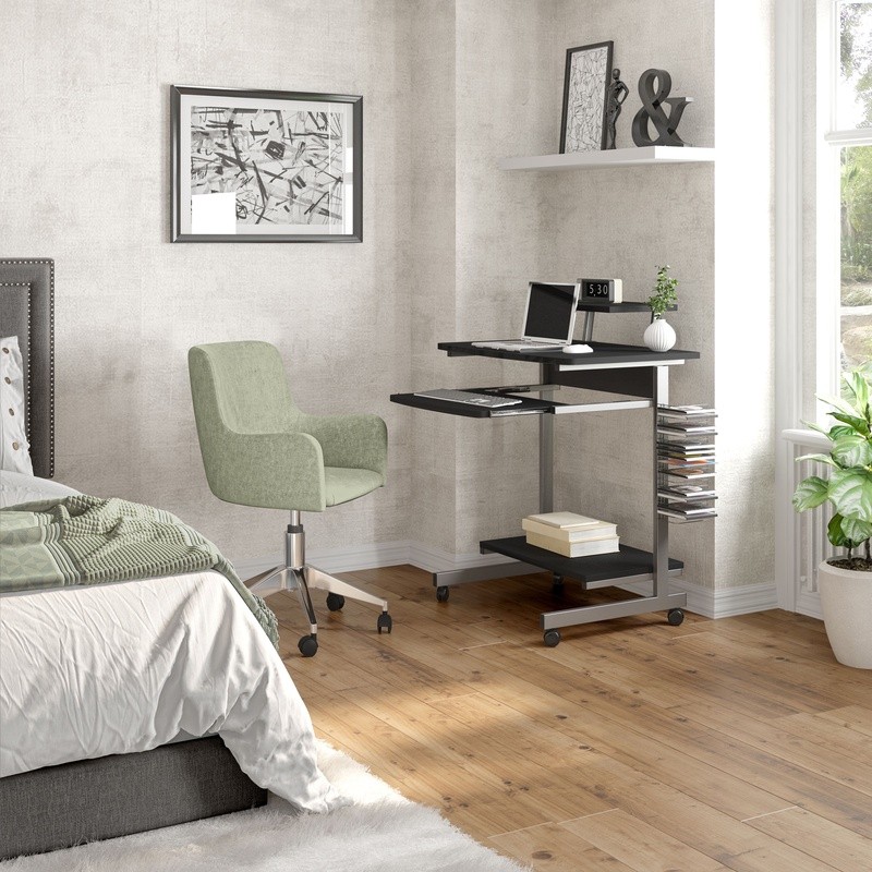 Compact Computer Cart Rolling Workstation Adjustable Shelf Keyboard Tray Storage