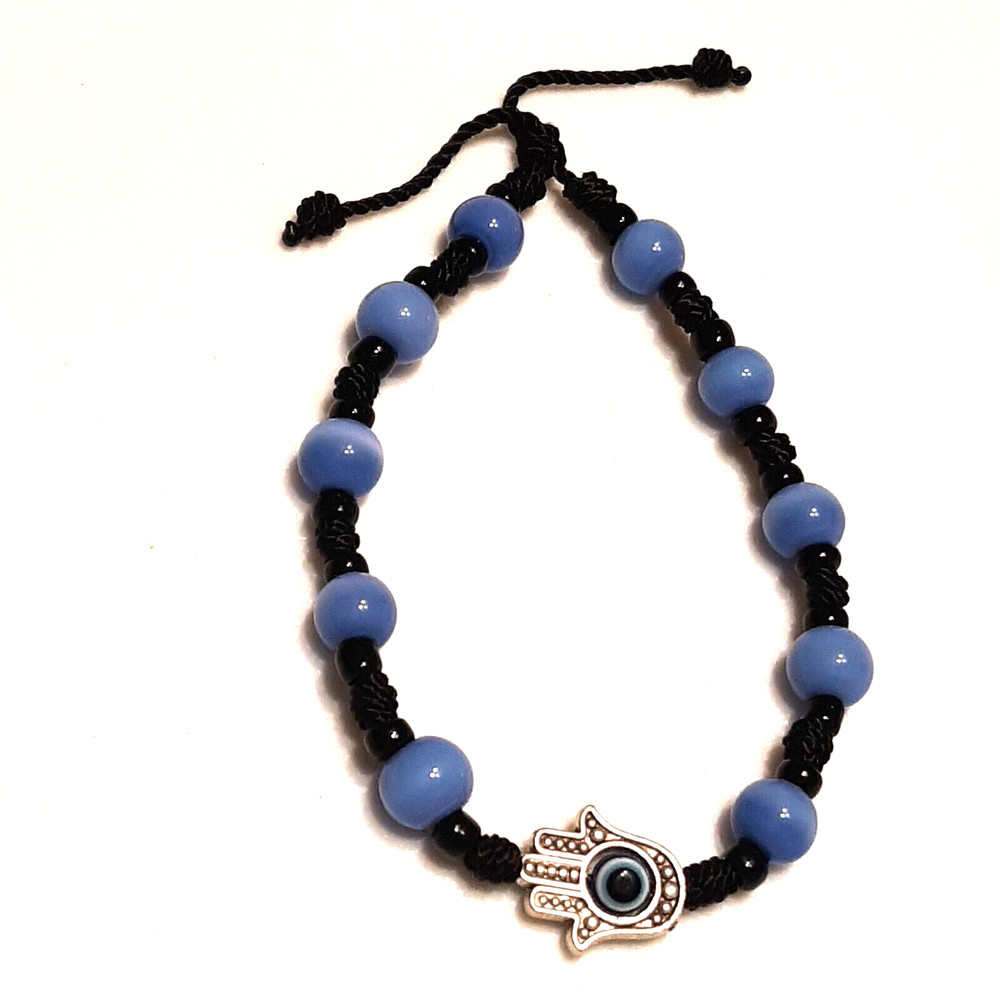 Hamsa Hand bracelet with black string and blue Cat eye beads