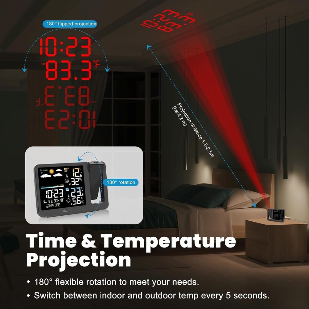 Projection Alarm Clock Weather Station, WWVB Atomic Projector Clock with Sensor,