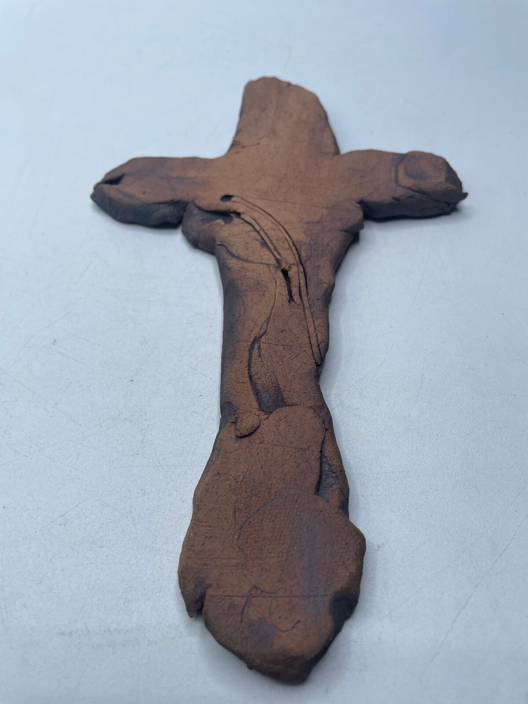 Handmade Abstract Pottery Cross Brown Signed Hanging
