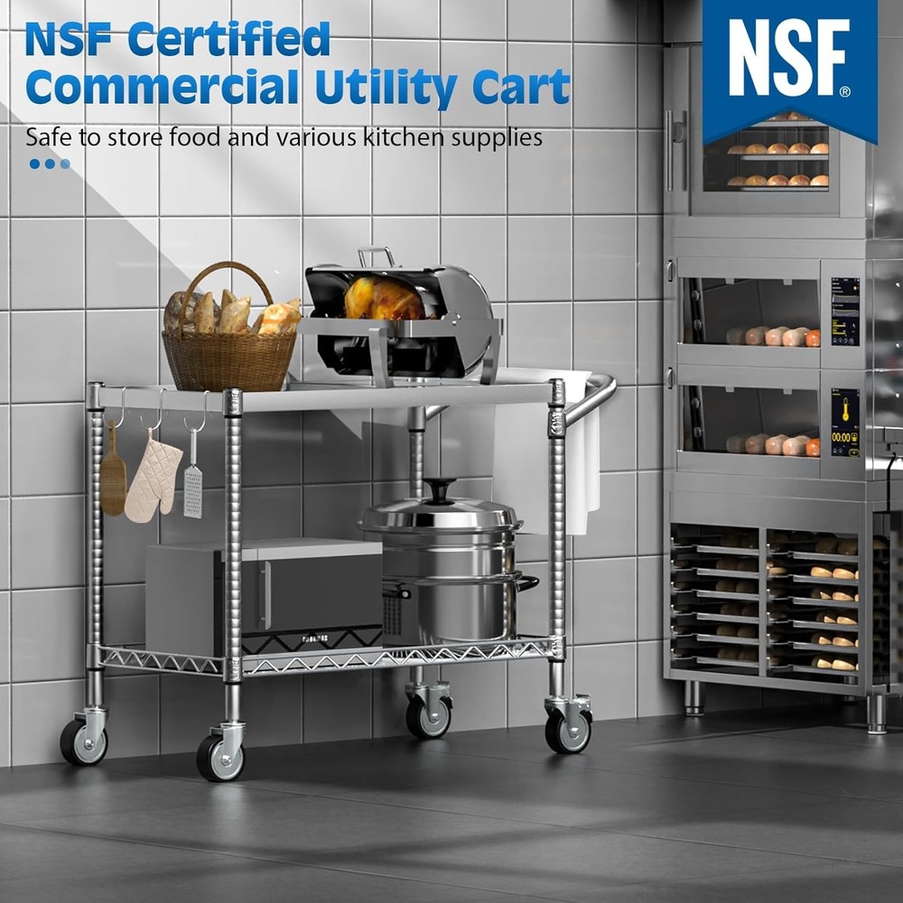 Silver Utility Cart 2 Tier Heavy Duty Rolling