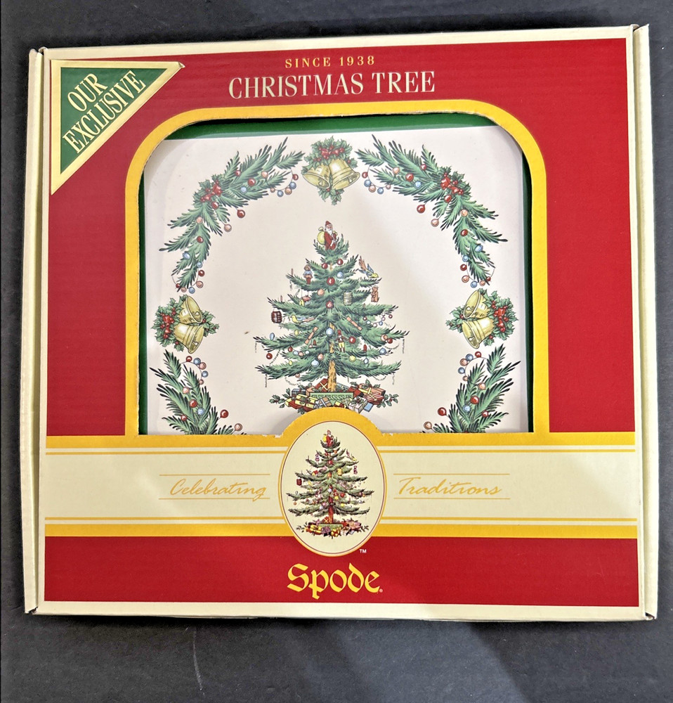 Spode "Christmas Tree" Square Ceramic With Wood Frame Trivet 8x8 Vintage