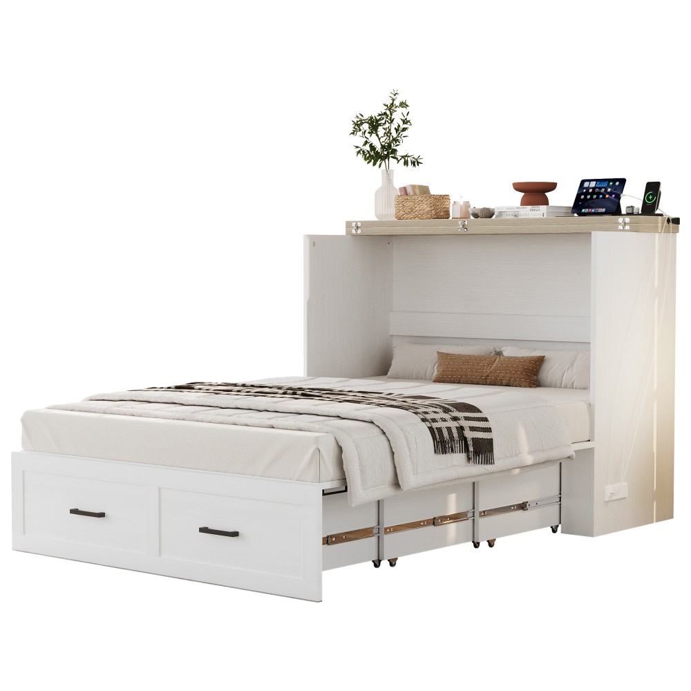 Full Queen Murphy Bed ，Folded Cabinet Bed w/ Charging , Drawer,