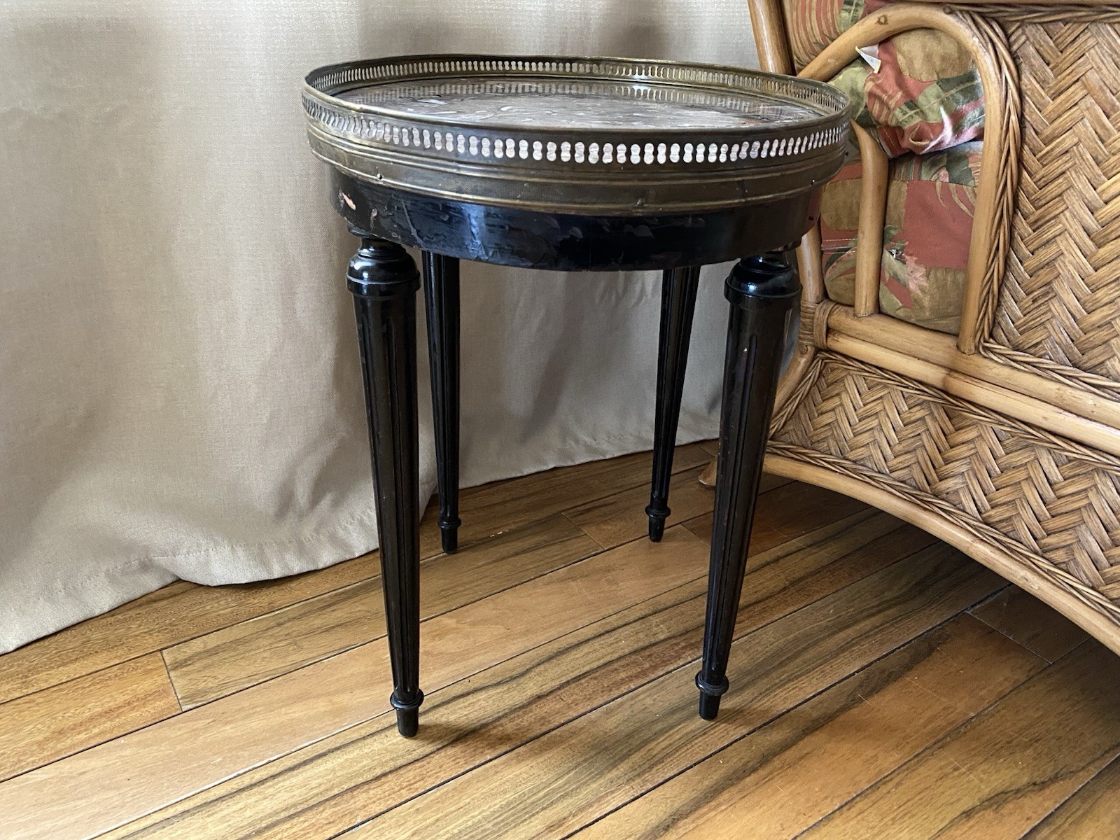 FRENCH Louis XVI Style Small Bouillotte Marble Top And Brass Edge Side Table