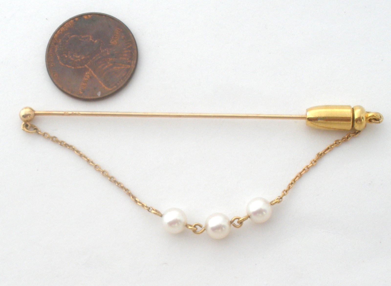 Mikimoto K14 Yellow Gold Pearl Stick Pin 14K Vintage Brooch With 3 Pearls 5mm