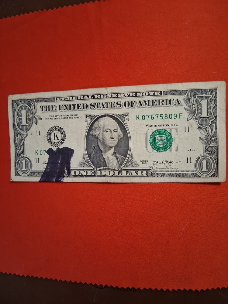 $1 Bill Large Ink Smear Bleed Through Error, series 2013