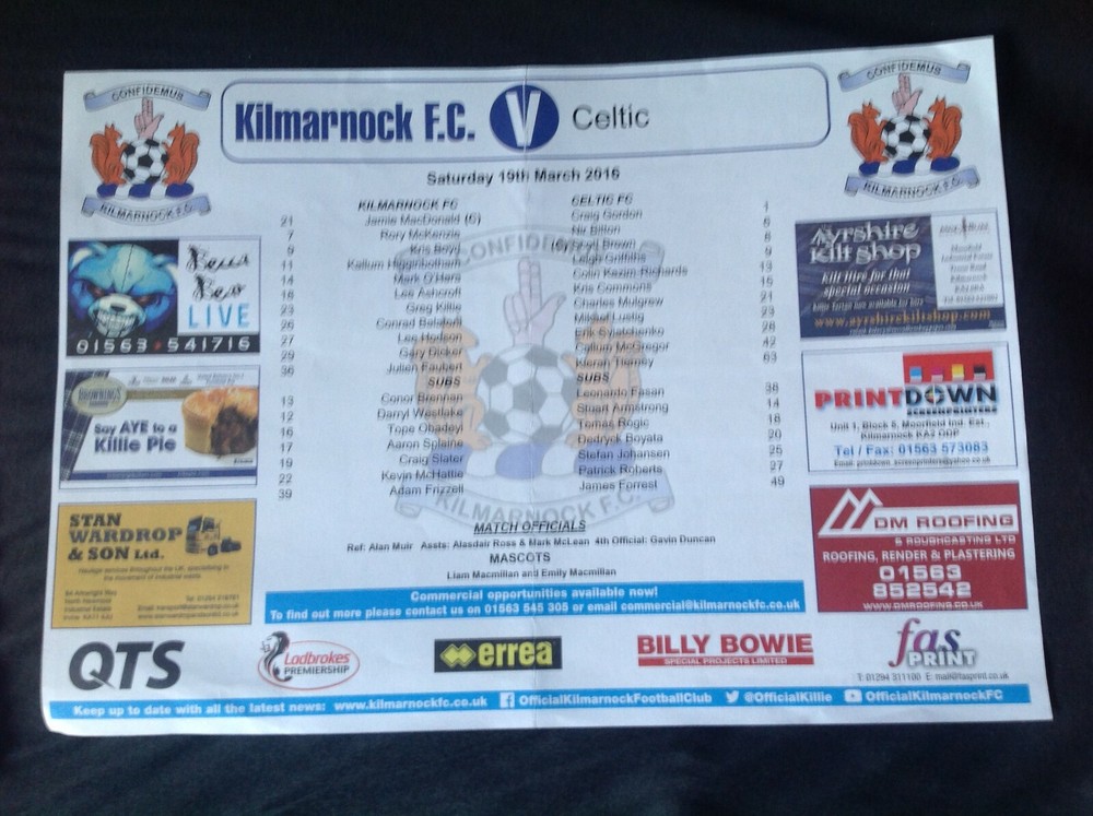 2015/16 Kilmarnock v Celtic March teamsheet