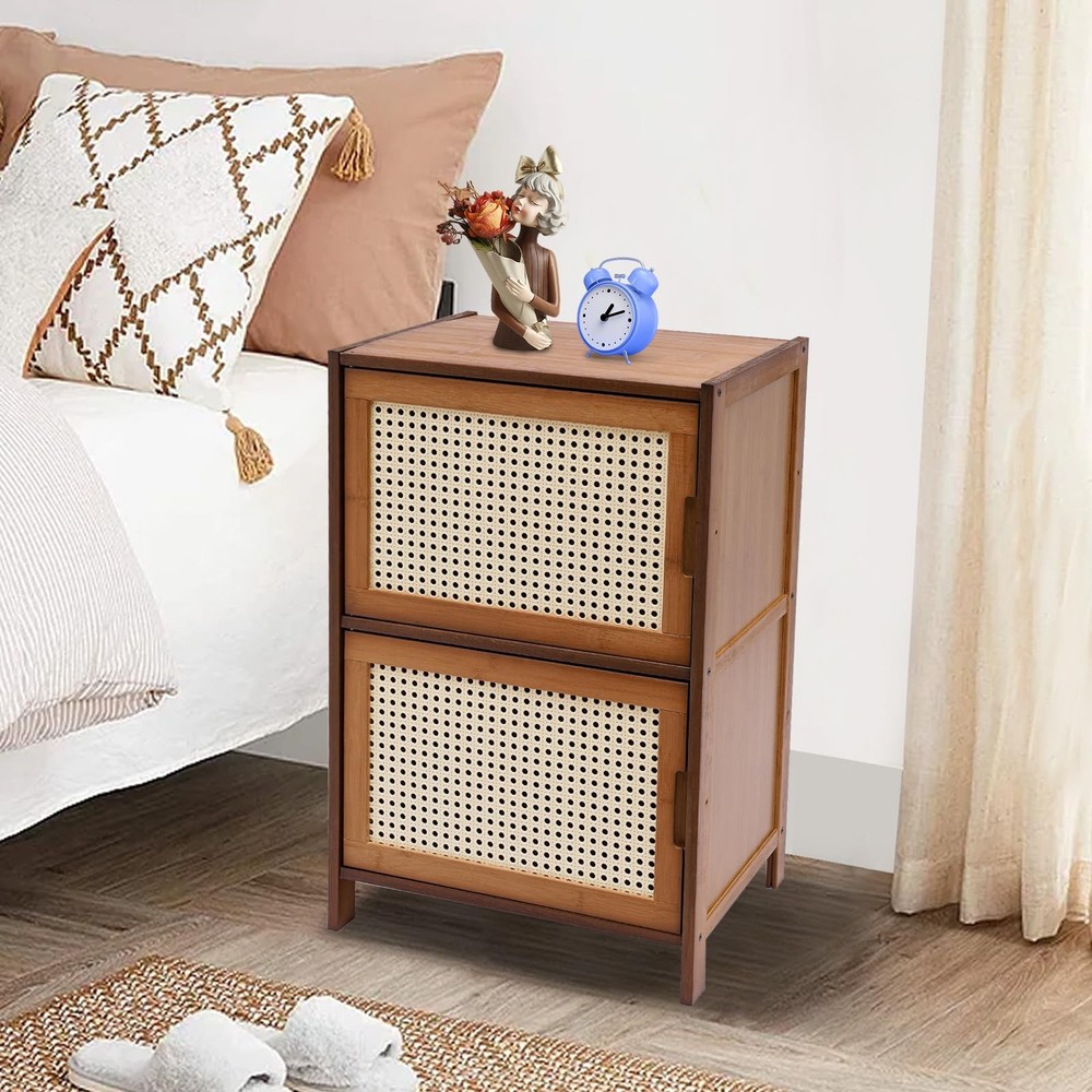Nightstand With Decor Drawers Rattan Pattern End Table - Bamboo Sofa Side Table