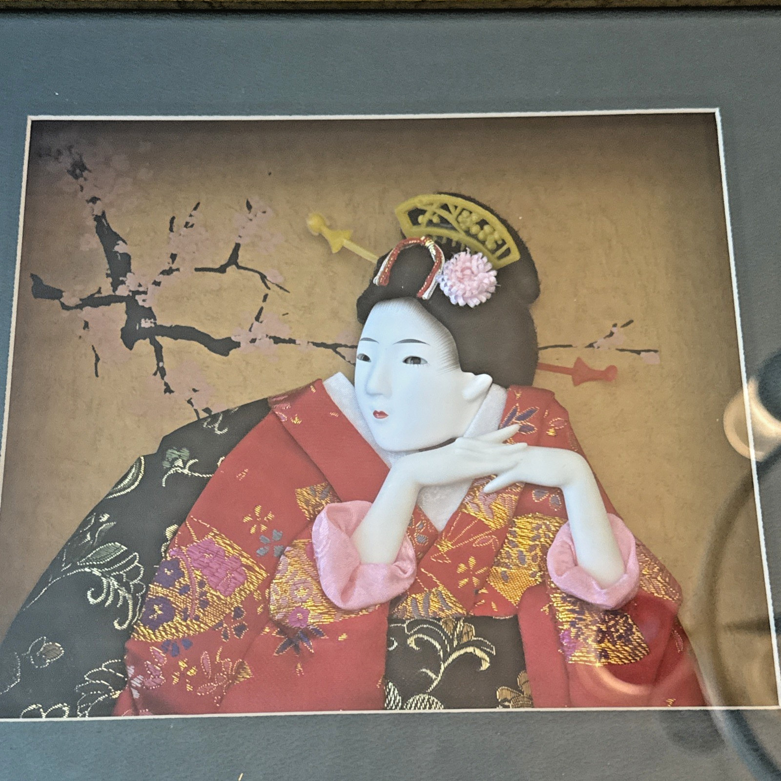 VINTAGE Japanese 3D Porcelain & Fabric Geisha Girl Framed & Matted Shadow Box