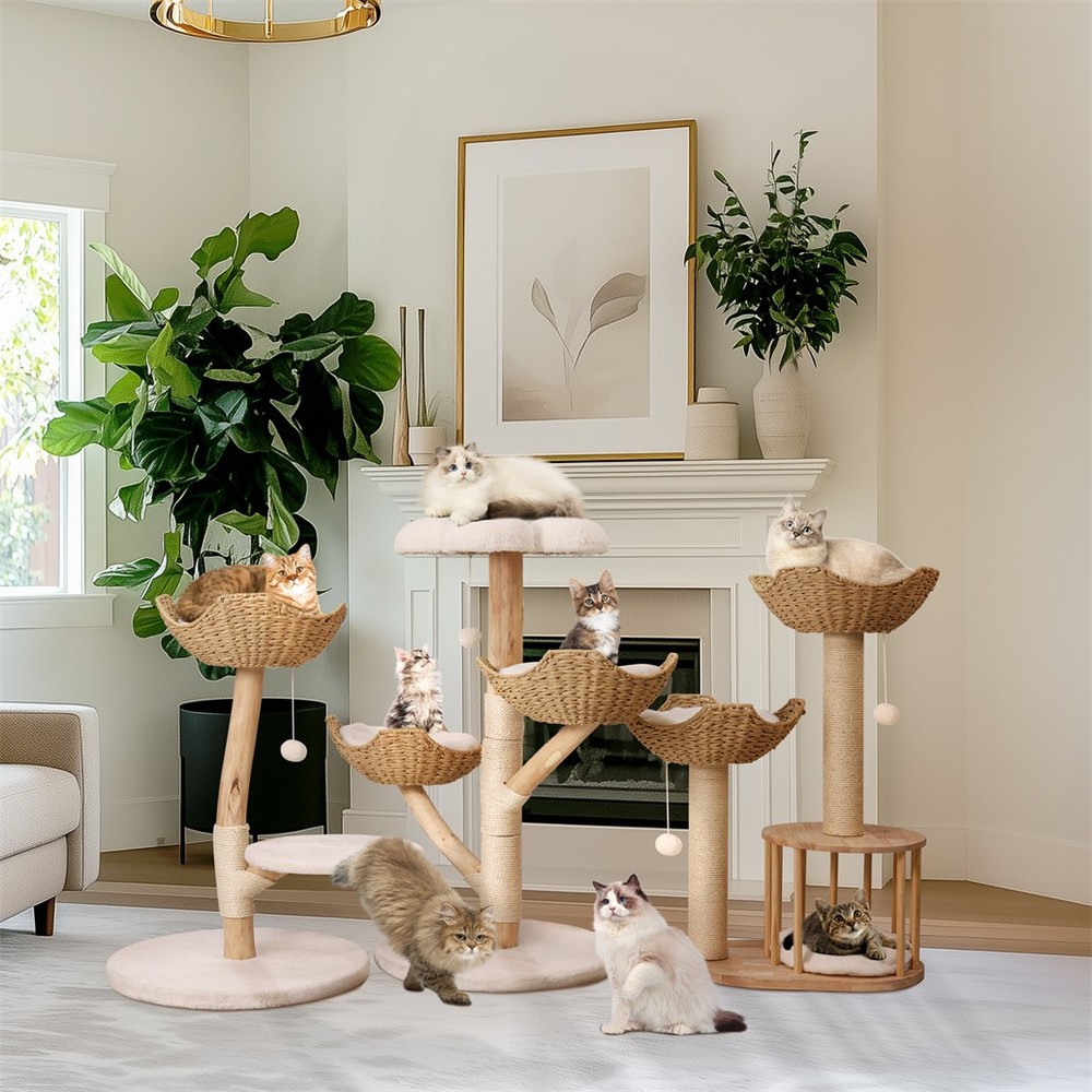 Solid Willow Wood Cat Tree w/ Soft White Bed & Scratching Post for 3 Large Cats