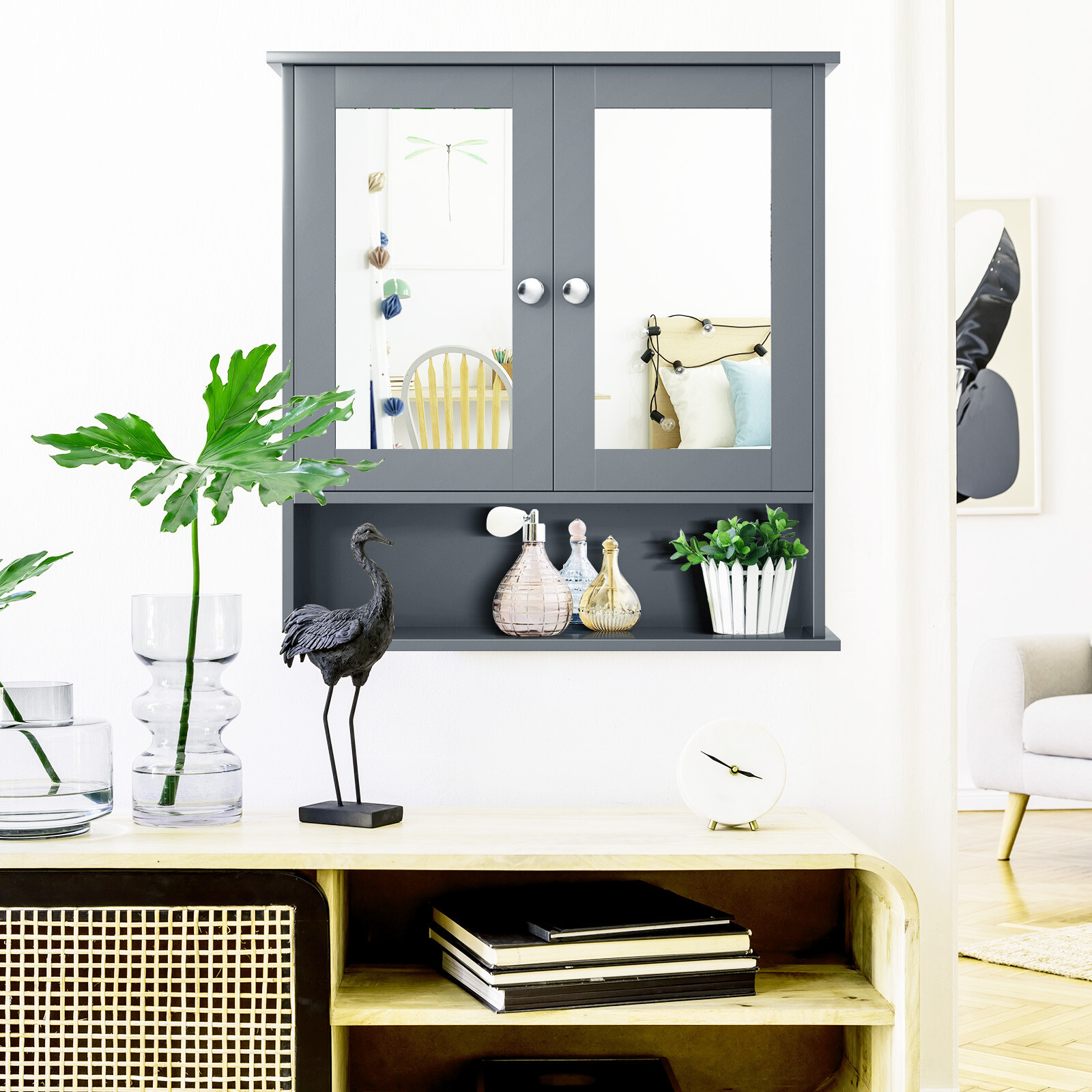 Costway Wall Mount Mirror Cabinet Bathroom Medicine Cabinet Organizer Grey