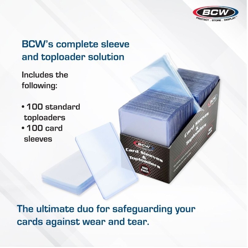 100 Count Card Sleeve and Toploader Combo Pack 3x4 Standard Size BCW