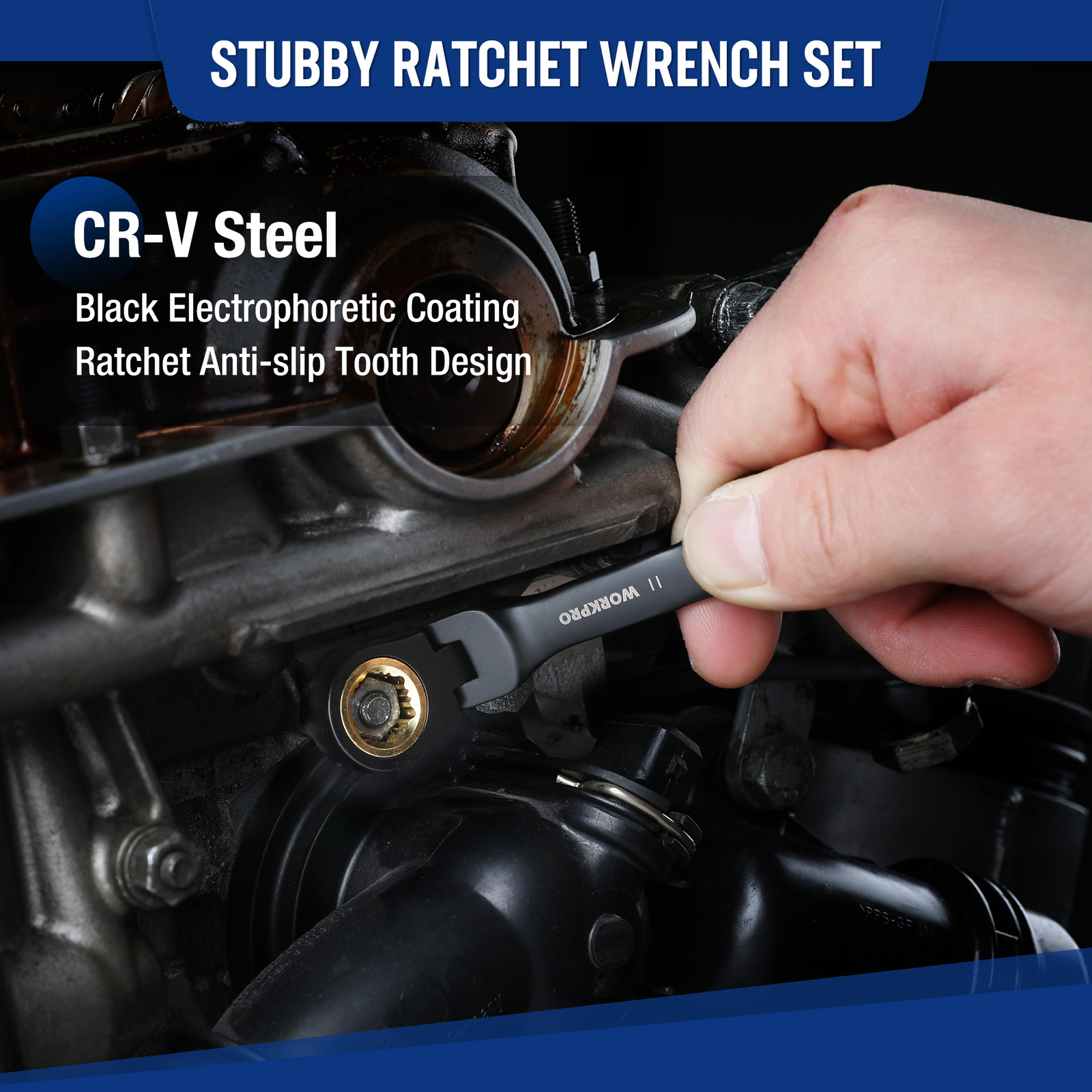 WORKPRO 8-Piece Stubby Anti-slip Ratcheting Combination Wrench Set 8-17mm Metric