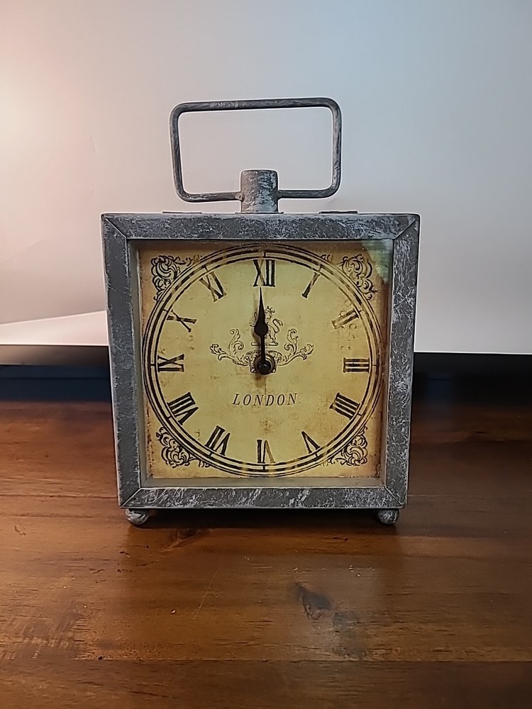 Rustic Distressed Metal Industrial Square London Mantel  Clock. Does Not Work.