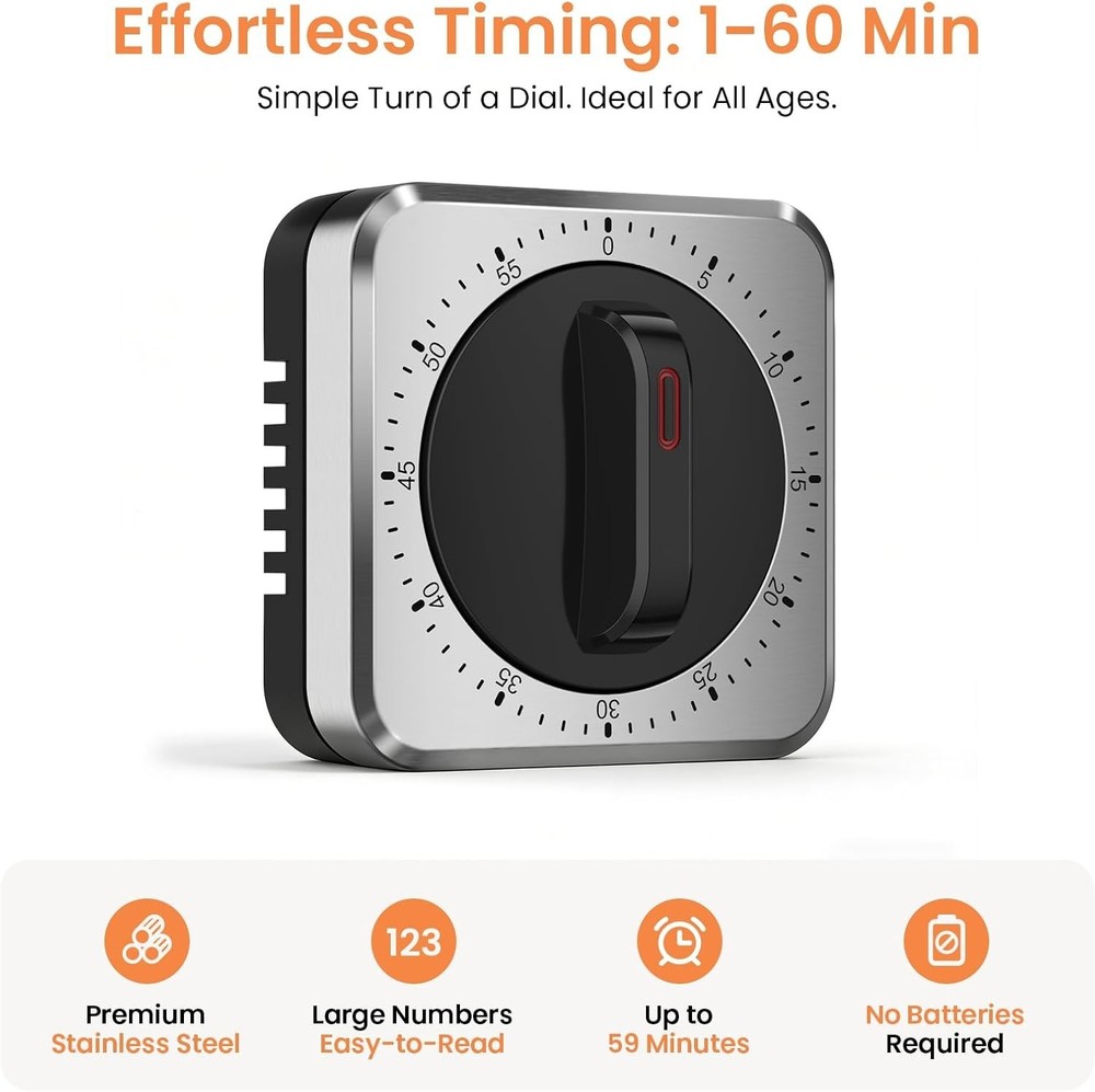 Wind-Up Mechanical Kitchen Timer with Magnet & Loud Alarm - No Batteries Needed