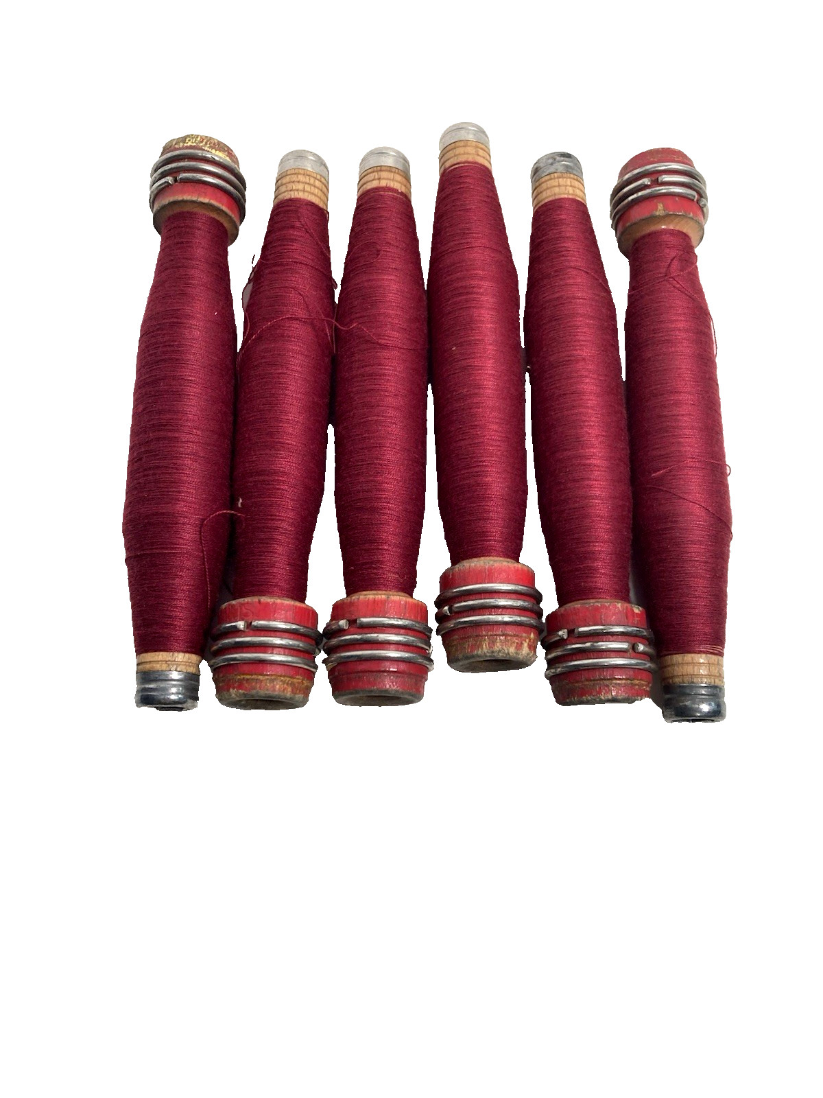 Wrapped Wood Quills, RED, Bobbins, Spools, Threaded, Textile, lot of 6