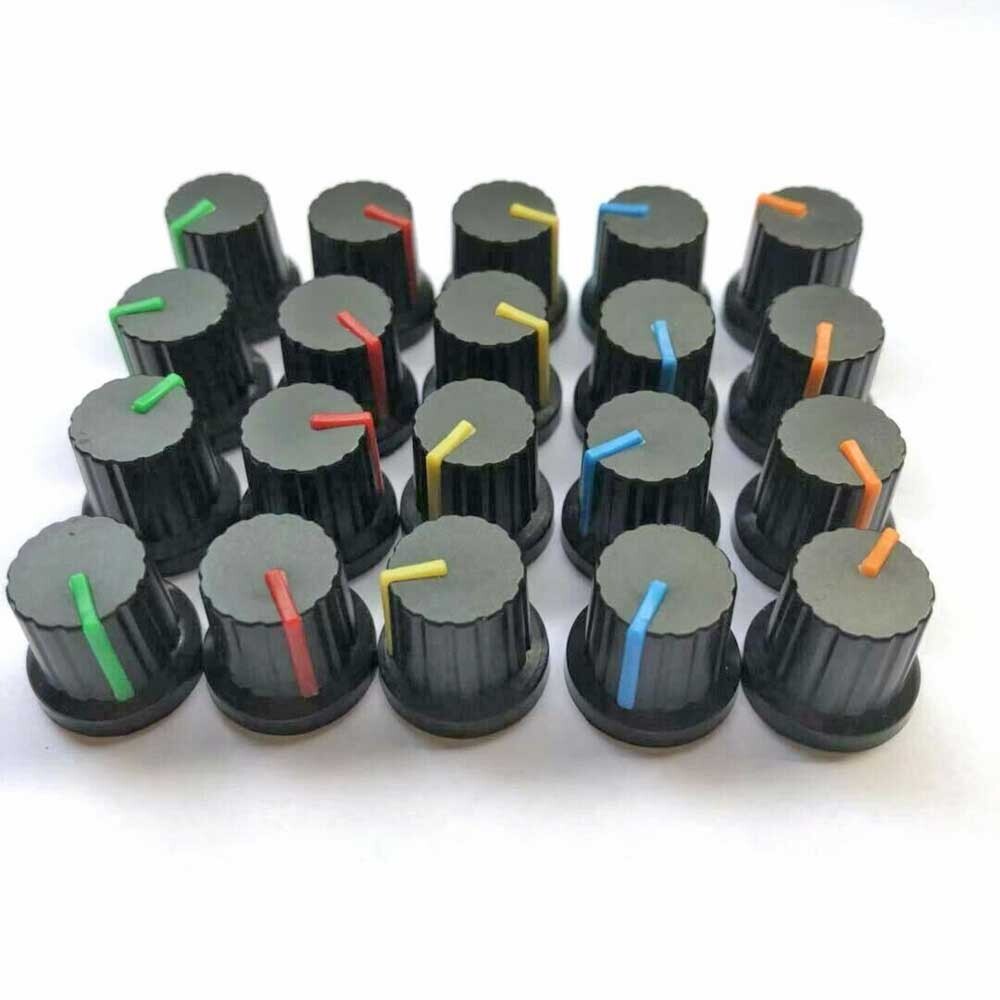 20Pcs 6mm Shaft Hole Dia Plastic Threaded Knurled Potentiometer Knobs Cap 15*15