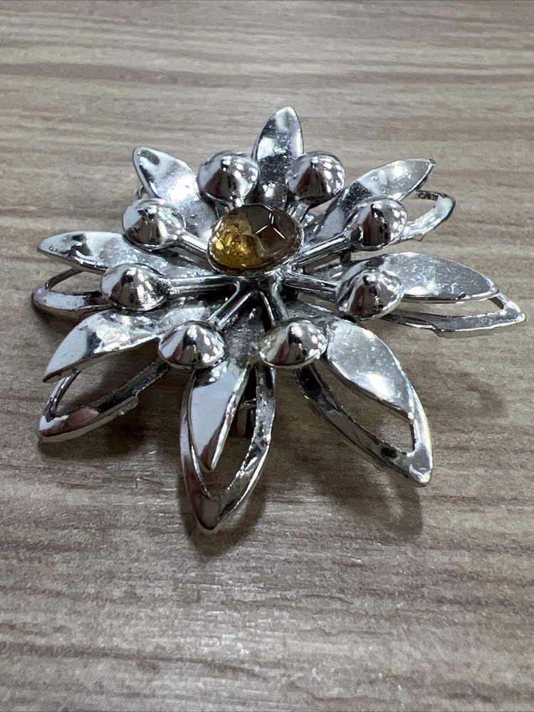 Yellow Rhinestone Flower Brooch Exquisite EUC
