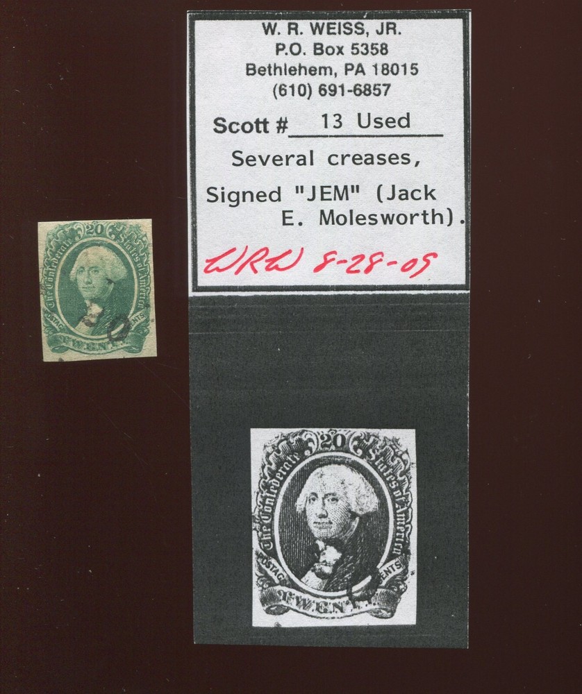 Confederate States 13 Washington Used Stamp NUMERAL 20 CANCEL Weiss Cert BY1950