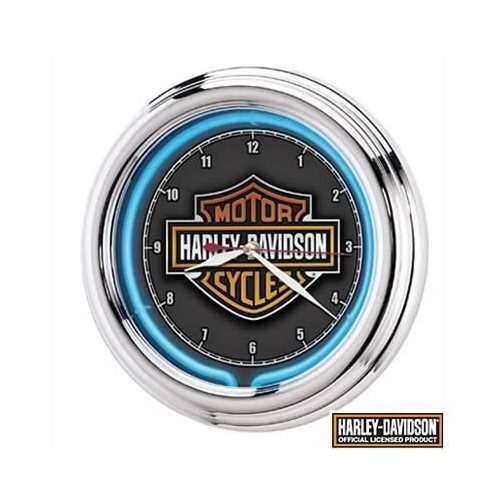 Wall Clock Blue Neon Chrome Housing Harley-Davidson Logo Ea