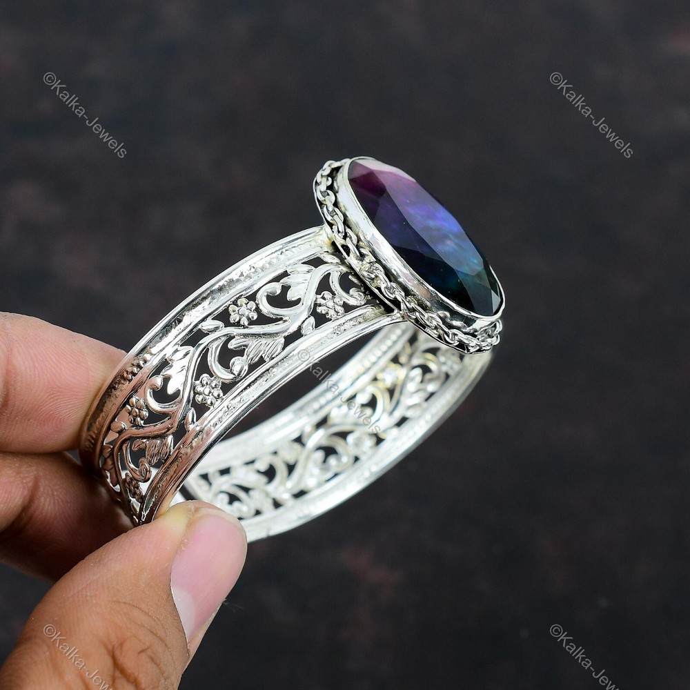 Gift For Her 925 Sterling Silver Natural Ammolite Gemstone Bangle Adjustable